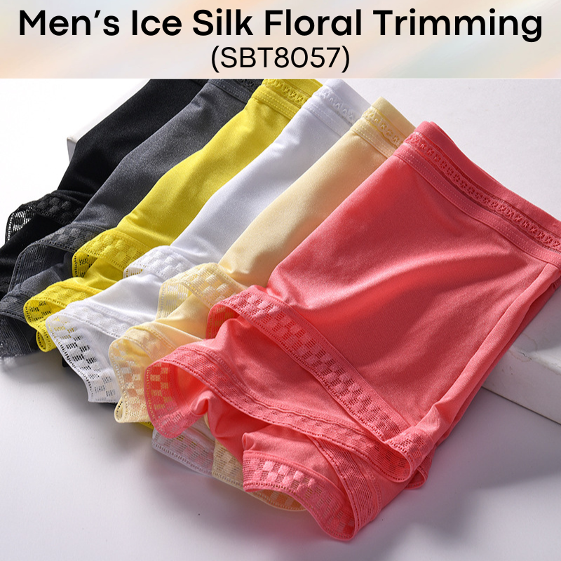 Men's Boxer : Ice Silk Floral Lace Trimming, Almost Translucent Boxer Brief Trunk (SBT8057)