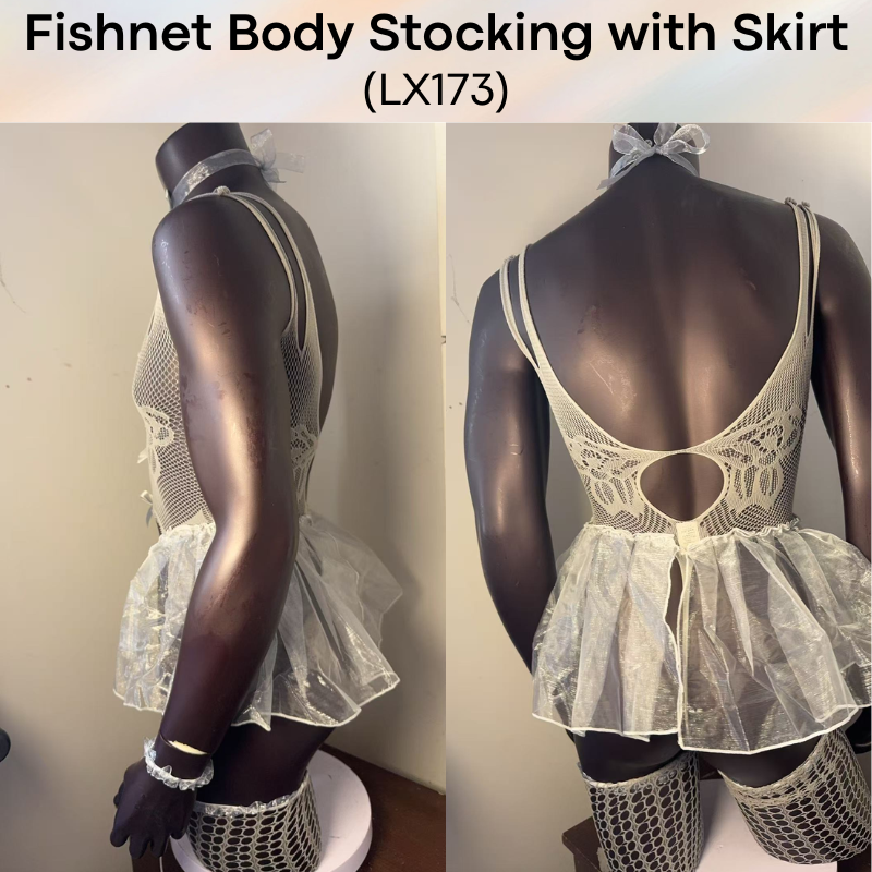 Unisex Underwear: Polyester Gray Bodysuit with Open Front Mini Skirt and Thong Underwear Set (LX173)