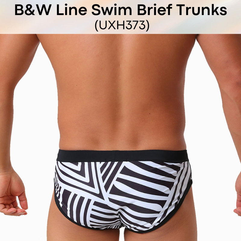 Men's Swim Trunks: Polyester B&W Irregular Line Print Swim Brief Trunks with Drawstring (UXH373)