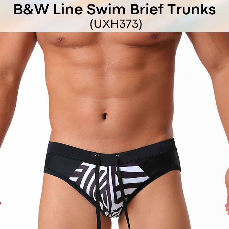 Men's Swim Trunks: Polyester B&W Irregular Line Print Swim Brief Trunks with Drawstring (UXH373)