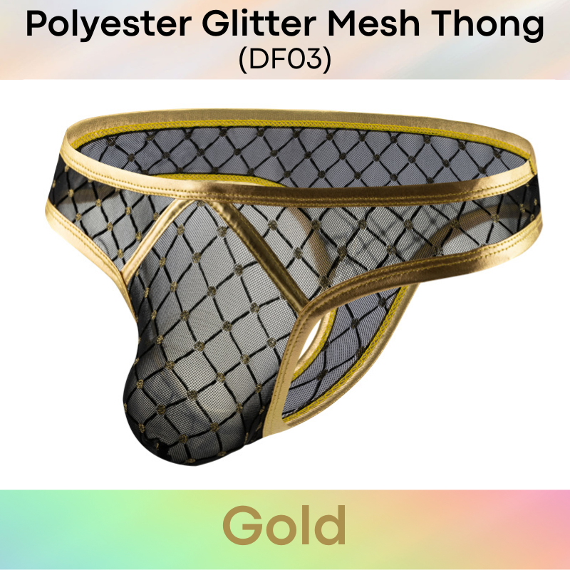 Men's Thong: Polyester Mesh Thong with Glittery Embellishment and Faux Leather Trimmings (DF03)