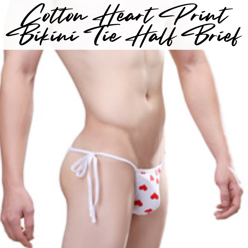 Men's Brief: Red Heart Print Bikini Tie Half Brief (UH13009)