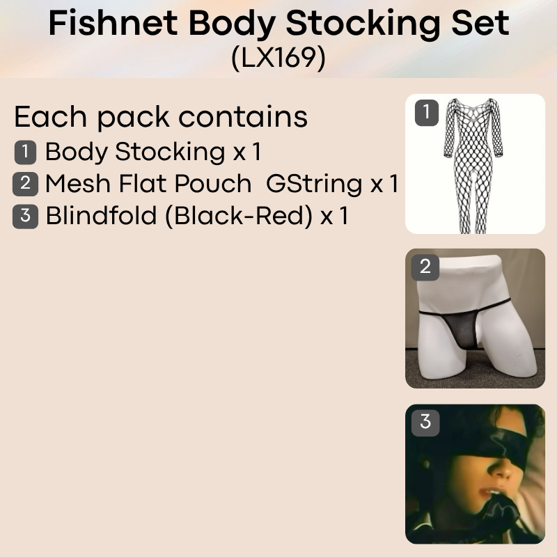 Unisex Underwear: Polyester Fishnet Web Body Stocking with Mesh GString Underwear and Blindfold Set (LX169)