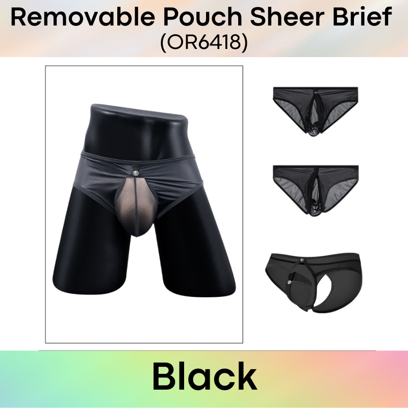Men's Brief: Nylon Sheer Brief with Removable Pouch and Rear Mid Split Opening (OR6418)