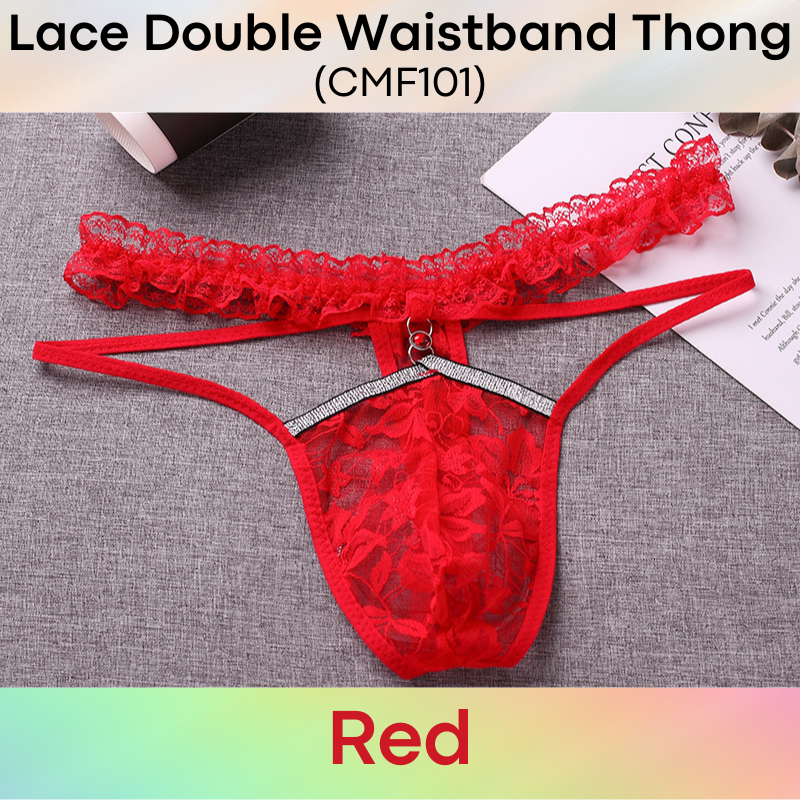 Men's Thong: Polyester Floral Lace Double Waistband Thong Underwear (CMF101)