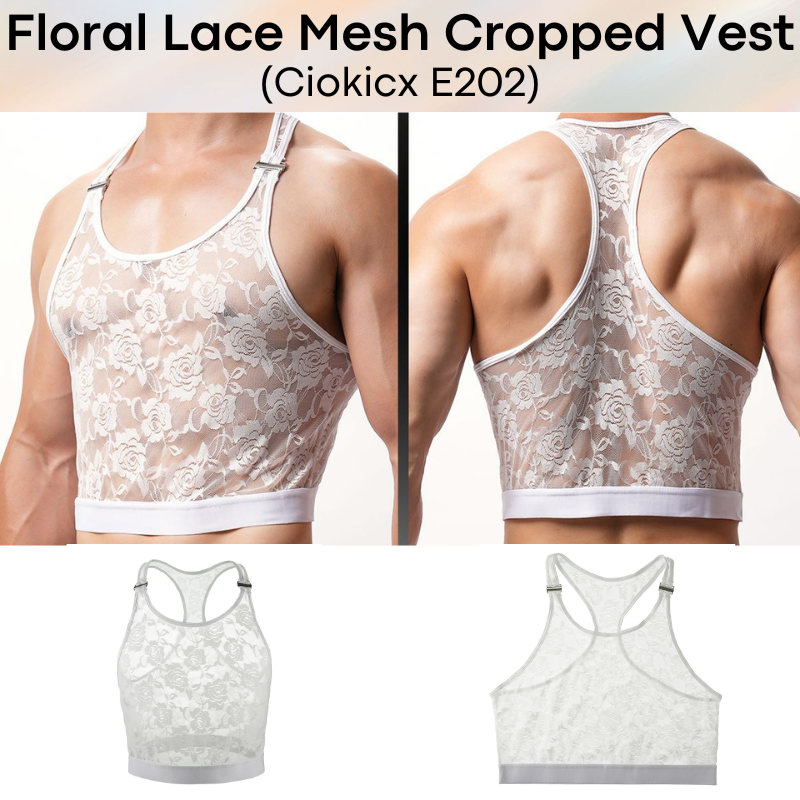 Men's Inner Tee: Polyester Floral Lace Mesh See Through Cropped Inner Vest with Removable Clip Underwear (E202)