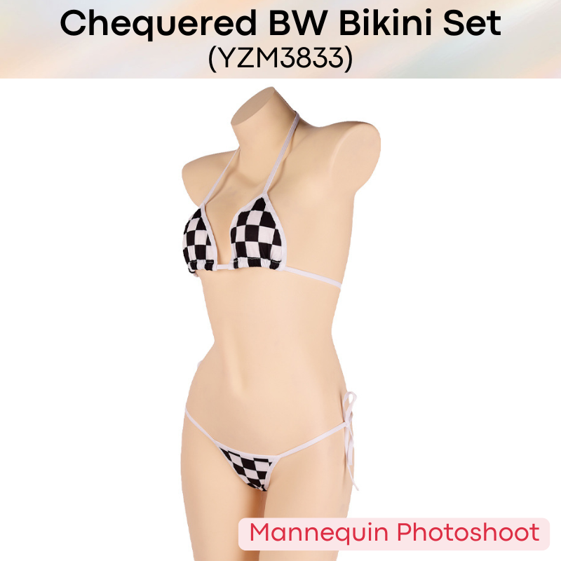 Unisex: Unisex Cotton Black & White Chequered Bikini Set with Top and Brief (YZM3833)