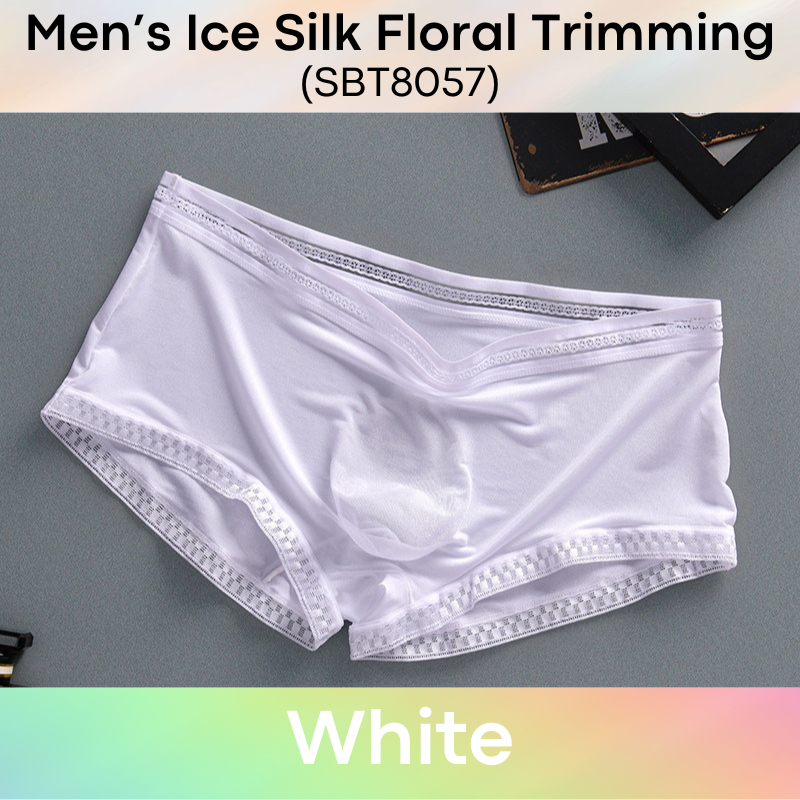 Men's Boxer : Ice Silk Floral Lace Trimming, Almost Translucent Boxer Brief Trunk (SBT8057)