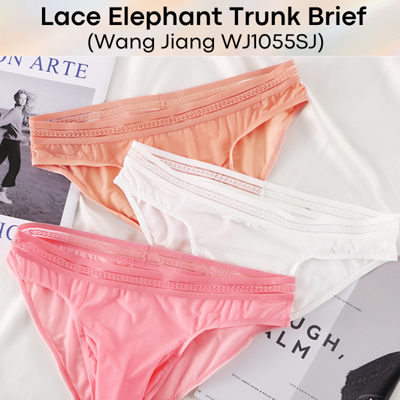 Men's Brief: Ice Silk Lace Waistband Brief with Elephant Trunk Pouch (WJ1055SJ)