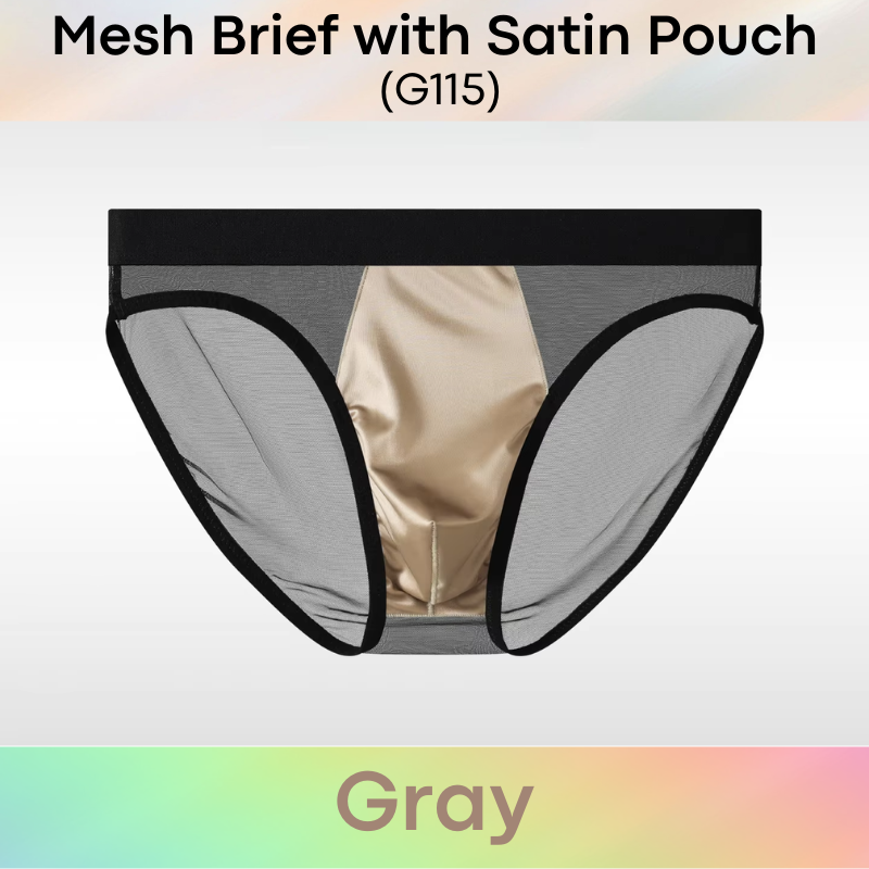 Men's Brief: Polyester Mesh See Through Brief with Satin Pouch Underwear (G115)
