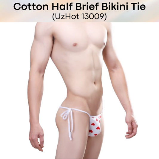 Men's Brief: Red Heart Print Bikini Tie Half Brief (UH13009)