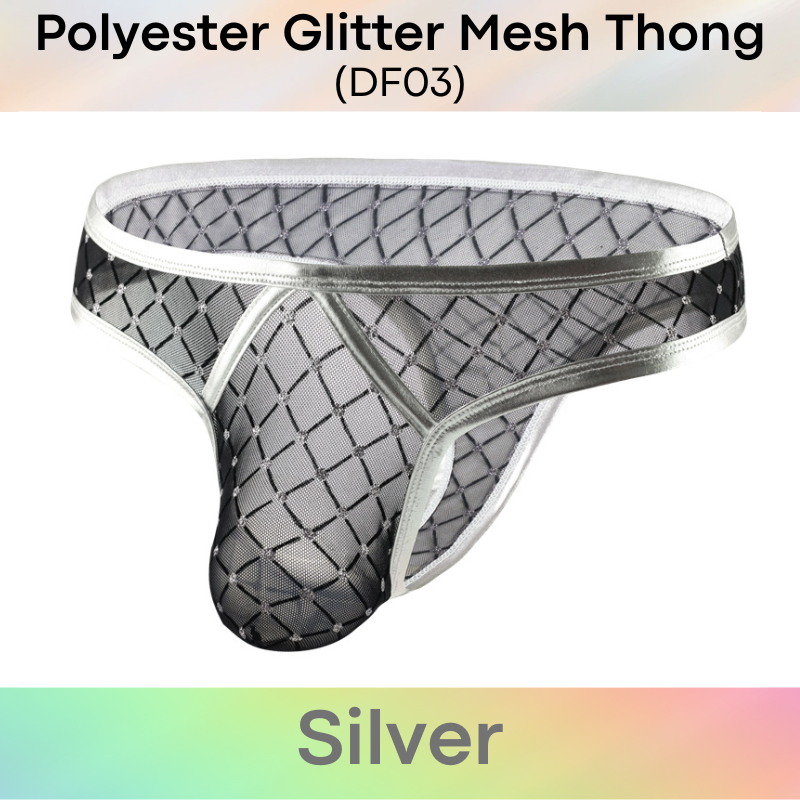 Men's Thong: Polyester Mesh Thong with Glittery Embellishment and Faux Leather Trimmings (DF03)