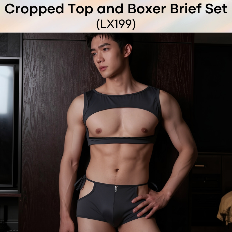 Men's Boxer: Polyester Gray Crop Top and Zipper Boxer Brief Set (LX199)