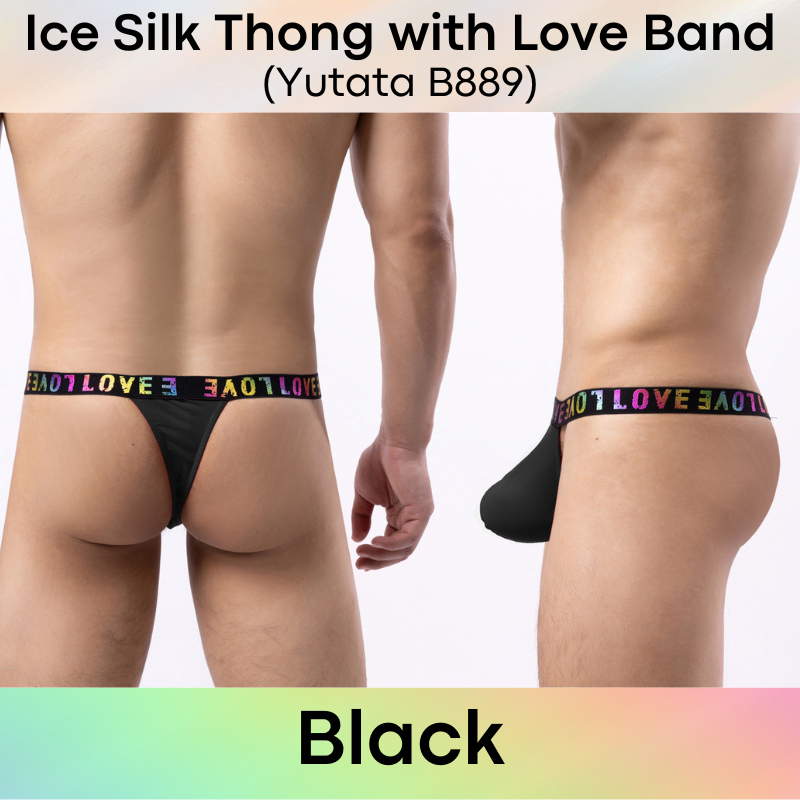 Men's Thong : Polyester Ice Silk Thong with Love Waistband (Yutata B889)