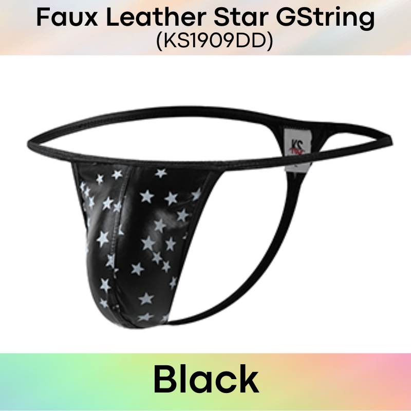 Men's GString: Polyester Faux Leather Star Print Design GString Underwear (KS1909DD)