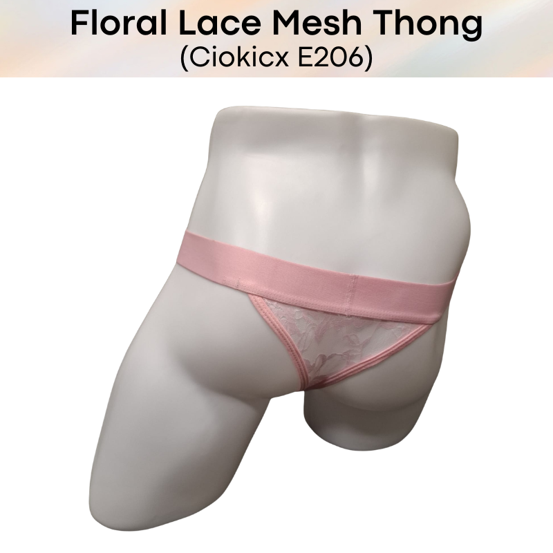 Men's Thong: Polyester Floral Lace Mesh See Through Thong Underwear (E206)
