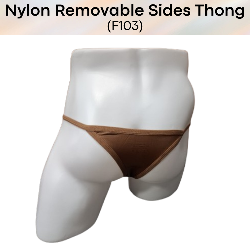 Men's Thong: Nylon Satin-Like Shiny Wide Thong with Removable Side Clip Buckle (F103)