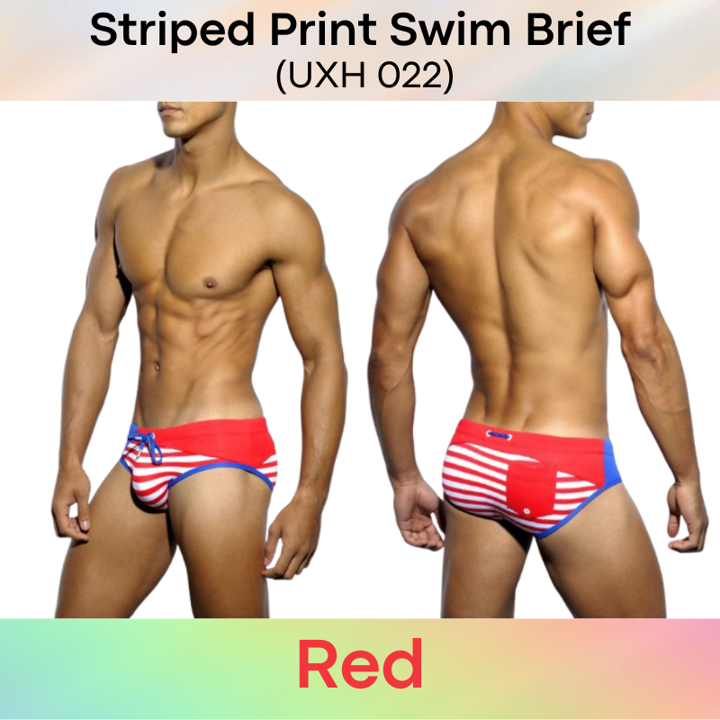Men's Swimwear: Polyester Striped Print Swimming Brief Trunks (UXH022)