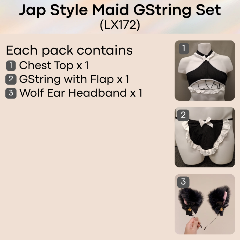 Unisex Underwear: Polyester Jap Style Maid Costume with Flap-Thong Underwear and Wolf Ear Headband Set (LX172)
