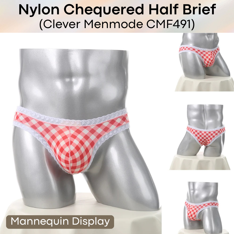 Men's Brief: Nylon Thin Chequered Half Brief with Lace Trimming (CMF491)