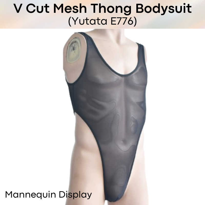 Mens Bodysuit: Polyester Mesh V Cut Thong Bodysuit Underwear (E776)