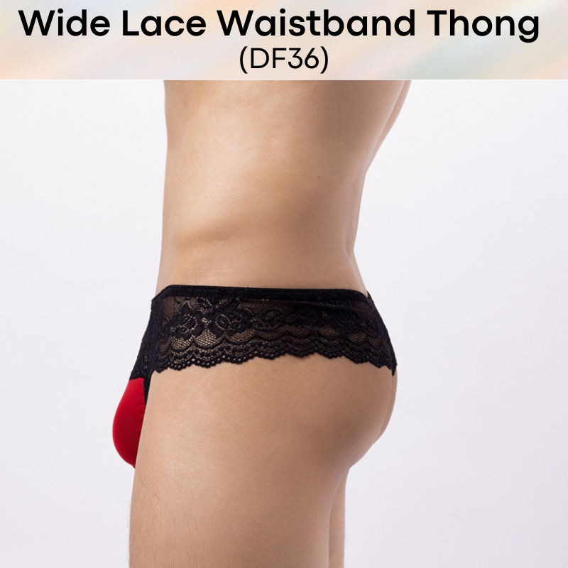 Men's Thong : Polyester Wide Lace Waistband with Mesh Pouch Thong (DF36)