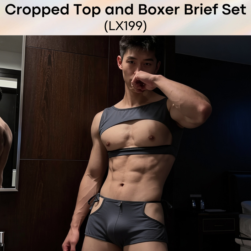 Men's Boxer: Polyester Gray Crop Top and Zipper Boxer Brief Set (LX199)