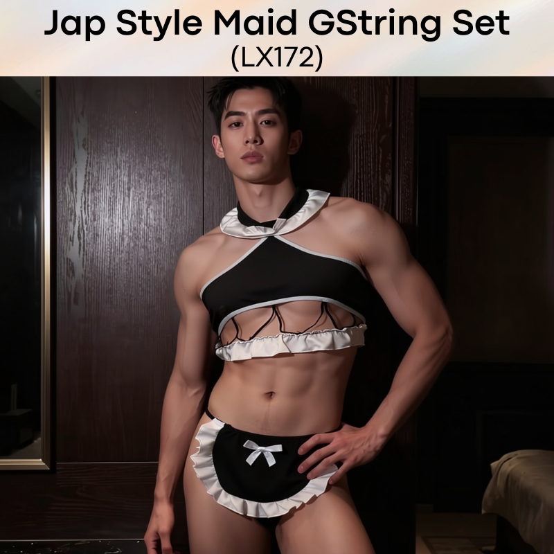 Unisex Underwear: Polyester Jap Style Maid Costume with Flap-Thong Underwear and Wolf Ear Headband Set (LX172)