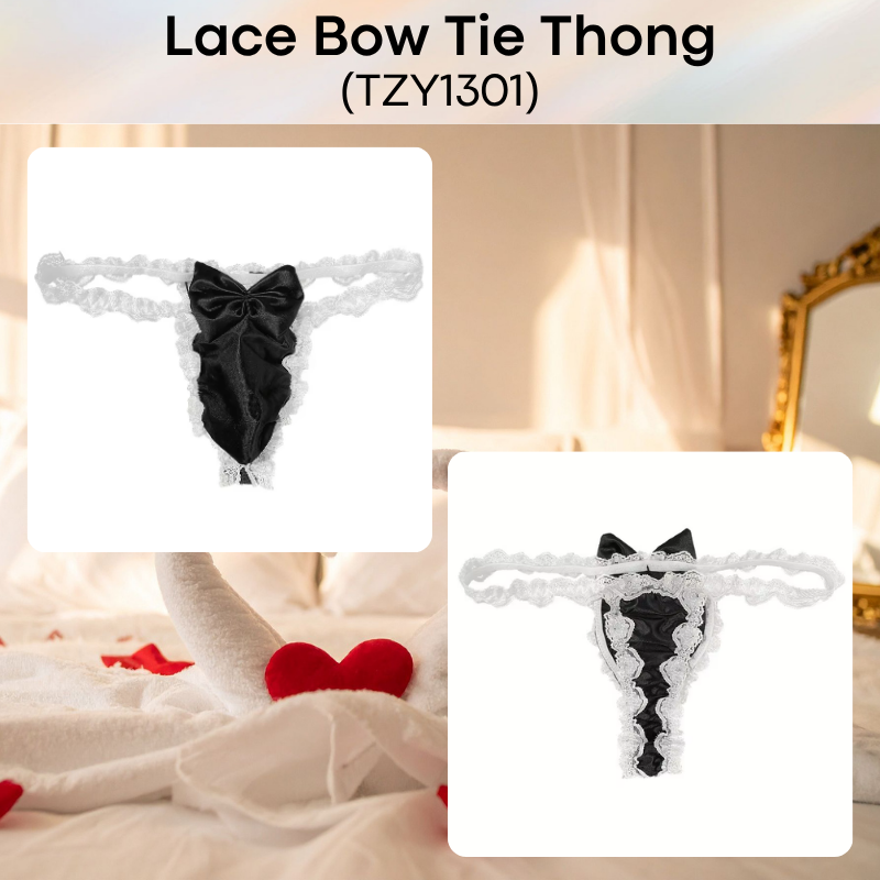 Men's Thong: Polyester Lace Thong with Bow Tie Accessory (TZY1301)