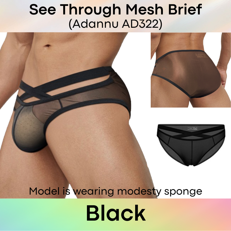 Men's Brief: Nylon See Through Thin Mesh Brief with Front Waist Strap (AD322)