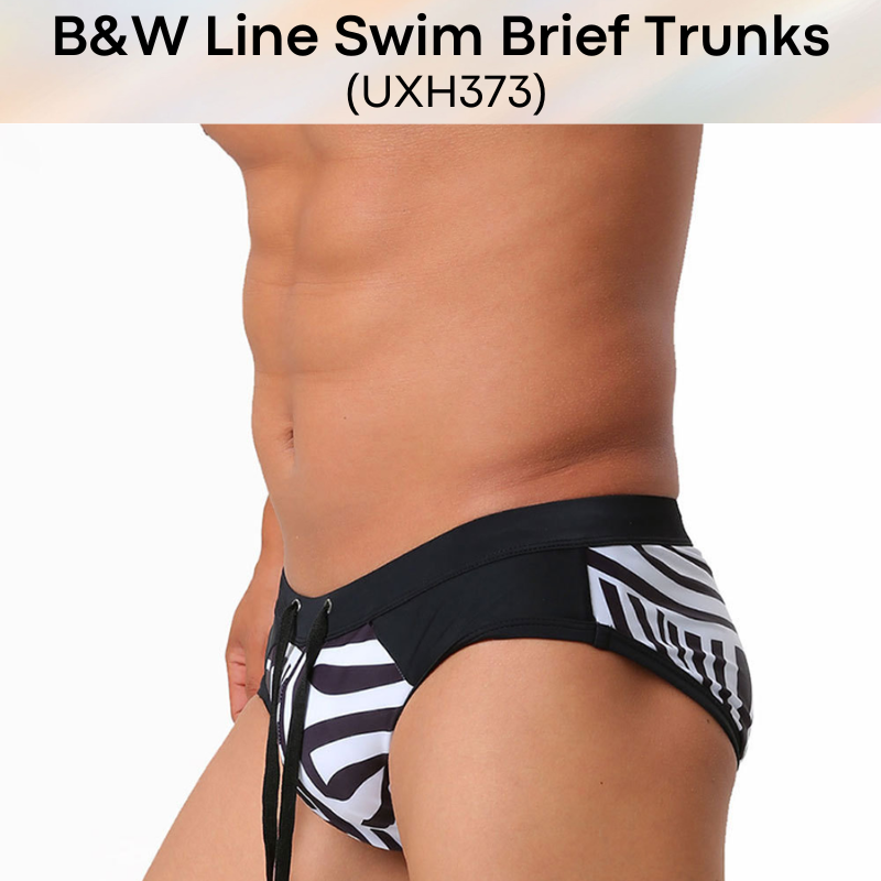 Men's Swim Trunks: Polyester B&W Irregular Line Print Swim Brief Trunks with Drawstring (UXH373)