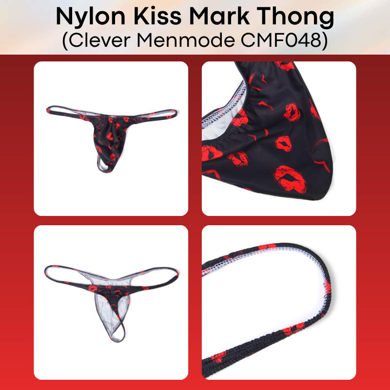 Men's Thong: Nylon Kiss Mark Print Low Waist Thong Underwear (CMF048)