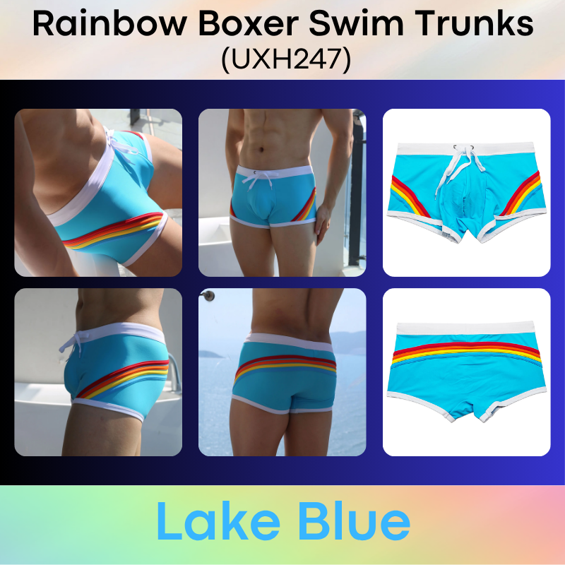 Men's Swim Trunks: Polyester Rainbow Sewn-on Boxer Brief Swimming Trunks (UXH247)