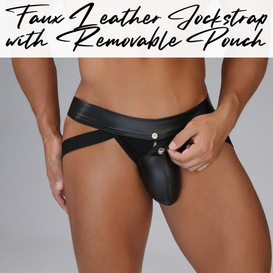 Men's Jockstrap: Polyester Faux Leather Jockstrap with Removable Pouch Top (CMF434)