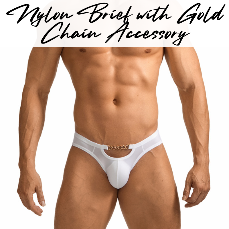 Men's Brief: Nylon Brief with Gold Metal Chain Accessory (GT502)