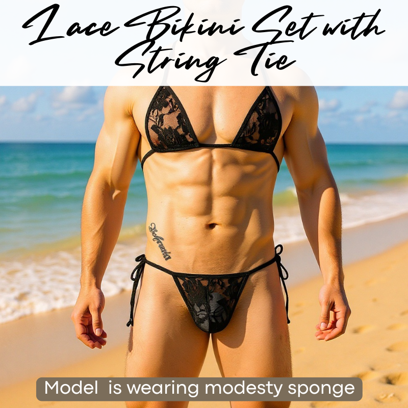 Men's Brief: Floral Lace Bikini Top and Bottom Brief Set (CMK037)