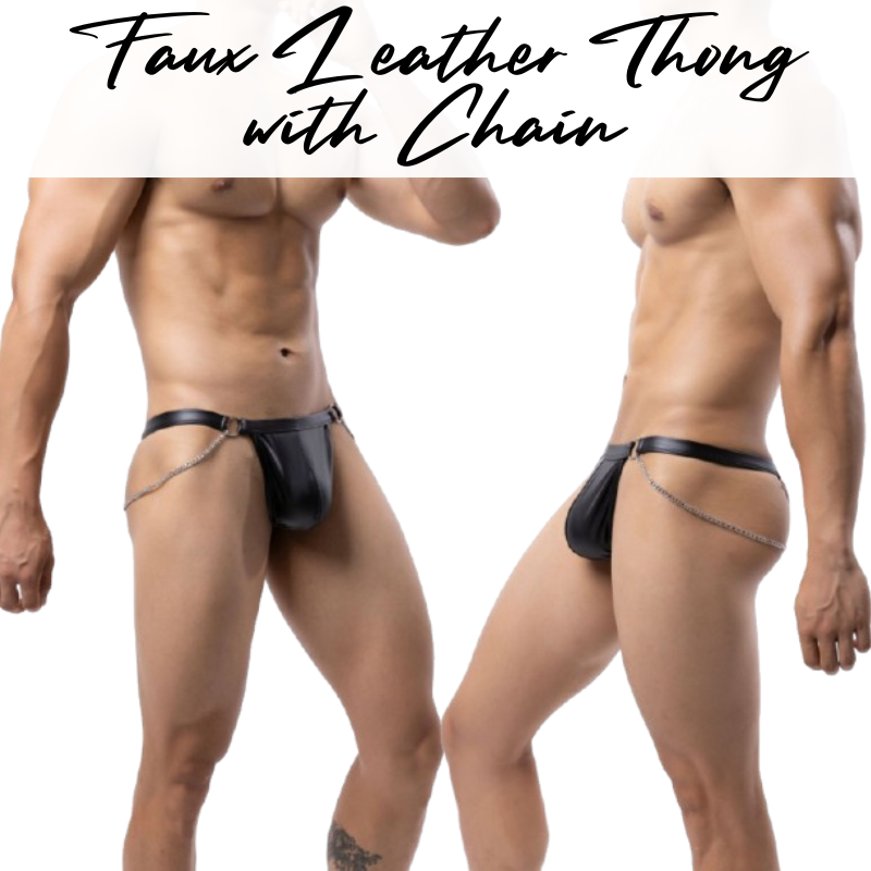 Men's Thong: Polyester Faux Leather Thong with Chain Accessory Underwear (CMF026/DF72)