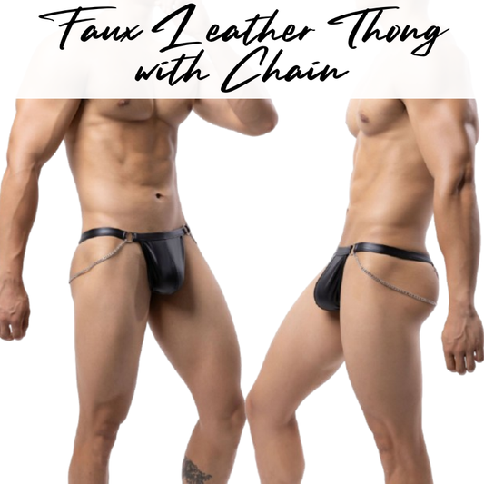 Men's Thong: Polyester Faux Leather Thong with Chain Accessory Underwear (CMF026/DF72)