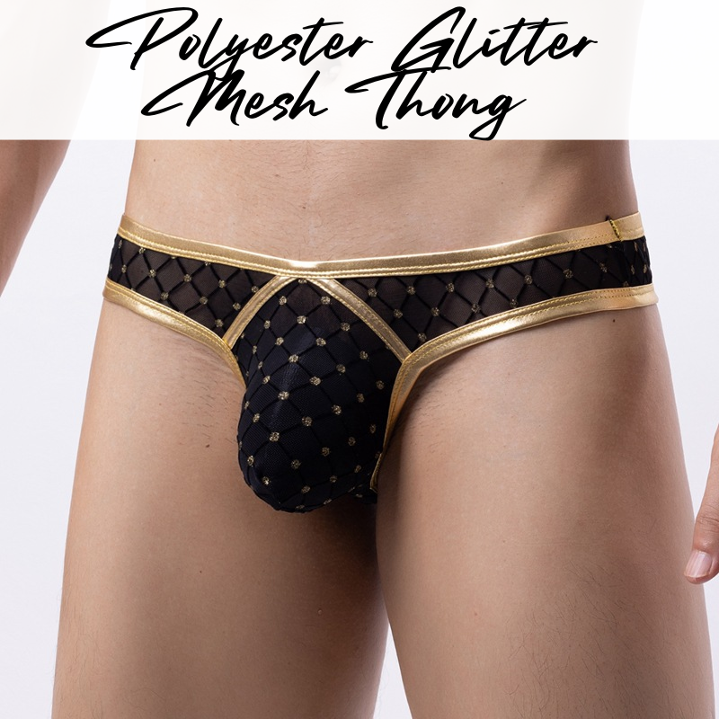 Men's Thong: Polyester Mesh Thong with Glittery Embellishment and Faux Leather Trimmings (DF03)