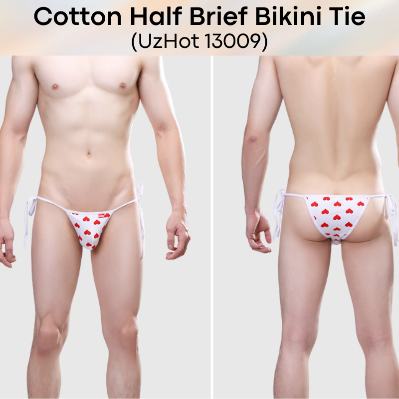 Men's Brief: Red Heart Print Bikini Tie Half Brief (UH13009)