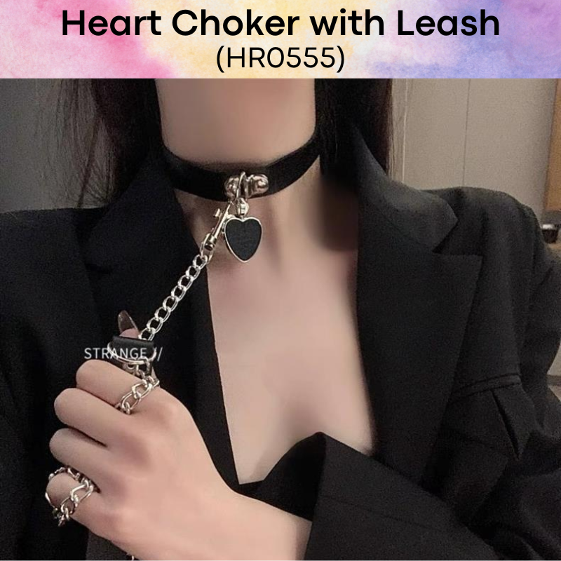 Unisex Choker: PU Heart Choker with Hand Leash for Roleplay (HR0555)