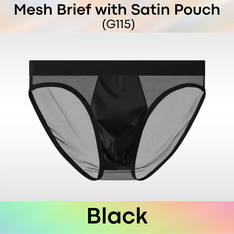 Men's Brief: Polyester Mesh See Through Brief with Satin Pouch Underwear (G115)