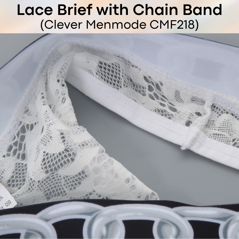Men's Brief: Floral Lace with Chain Print Waistband Half Brief Underwear (CMF218)