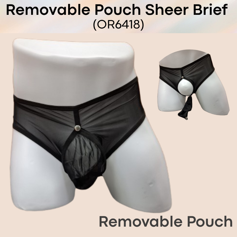 Men's Brief: Nylon Sheer Brief with Removable Pouch and Rear Mid Split Opening (OR6418)