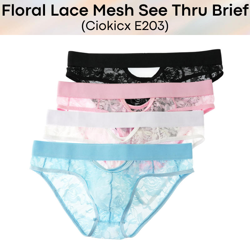 Men's Brief: Polyester Floral Lace Mesh See Through Brief Underwear (E203)