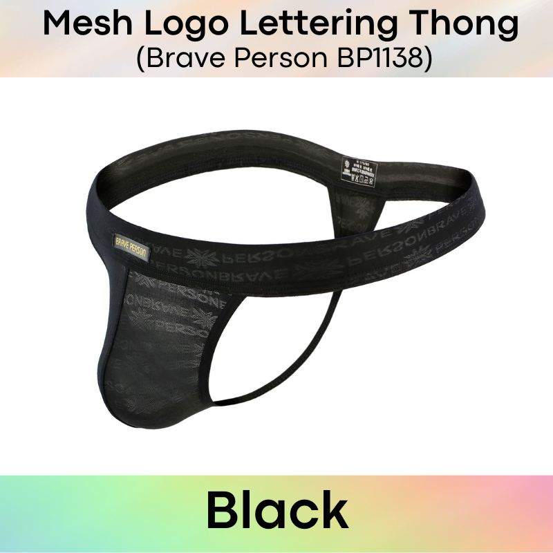 Men's Thong: Nylon Mesh Logo Lettering Thong Underwear (BP1138)