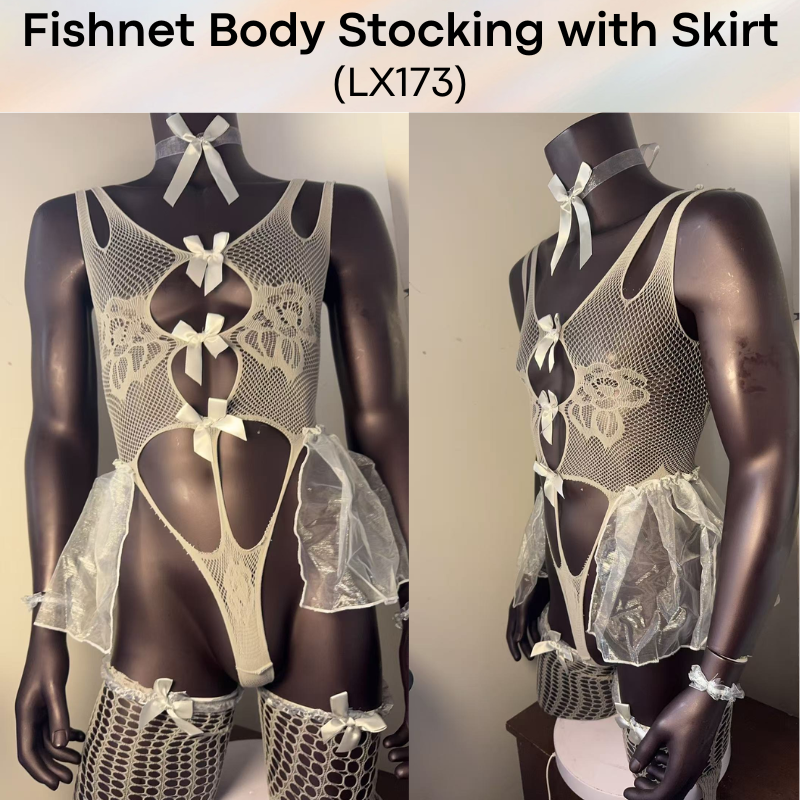 Unisex Underwear: Polyester Gray Bodysuit with Open Front Mini Skirt and Thong Underwear Set (LX173)