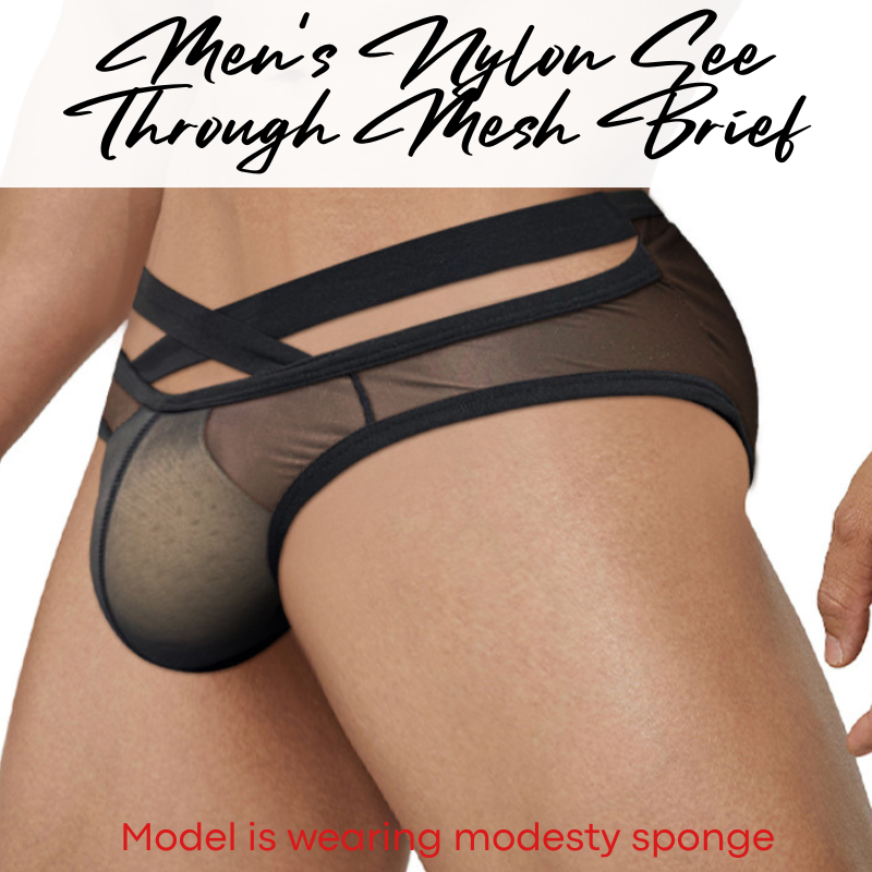 Men's Brief: Nylon See Through Thin Mesh Brief with Front Waist Strap (AD322)