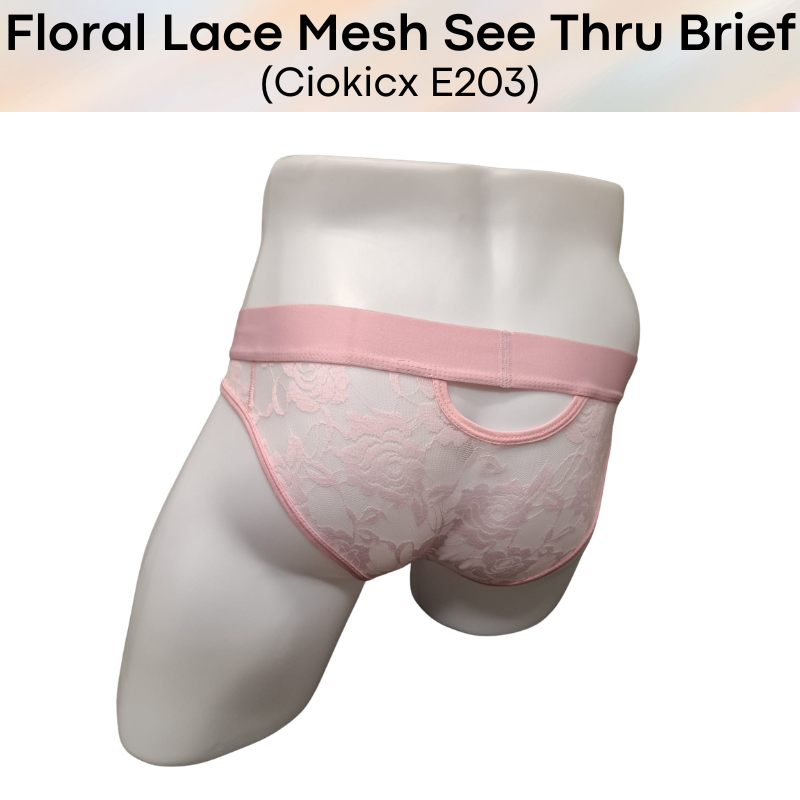 Men's Brief: Polyester Floral Lace Mesh See Through Brief Underwear (E203)
