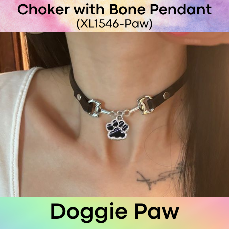 Unisex Choker: PU Choker with Doggie Bone / Doggie Paw Charm for Roleplay (XL1546)